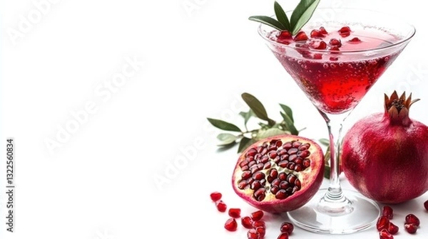 Obraz Refreshing pomegranate martini cocktail mixer white background