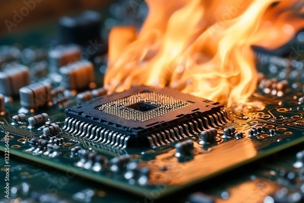 Fototapeta A circuit board with a central processing unit burning with flames
