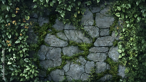 Obraz Overgrown garden wall with ivy creeping through the cracks and moss softening the worn stone texture