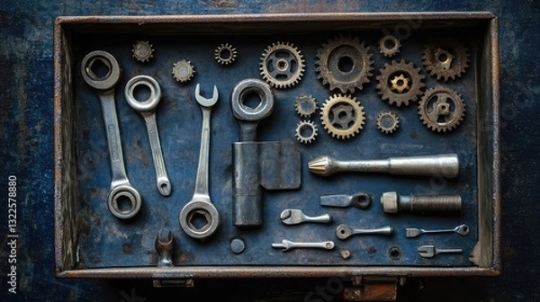 Fototapeta A mechanic's toolbox with essential tools next to a disassembled car gear system, with clear space for product or design display.