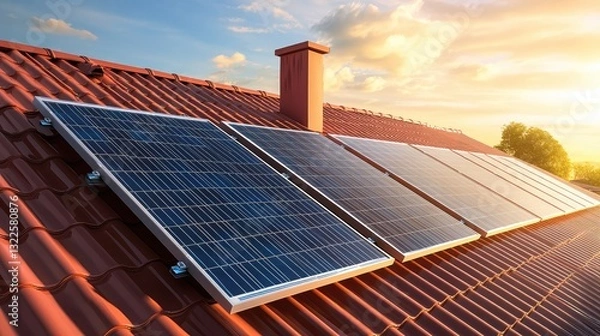 Fototapeta A solar panel system on the roof of a building with sunlight reflecting on the panels, promoting eco-friendly energy use.