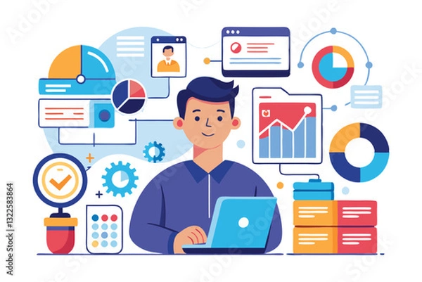 Obraz Data analyst oversees and governs income, expenses with magnifier. Financial management system, finance software, IT management tool concept