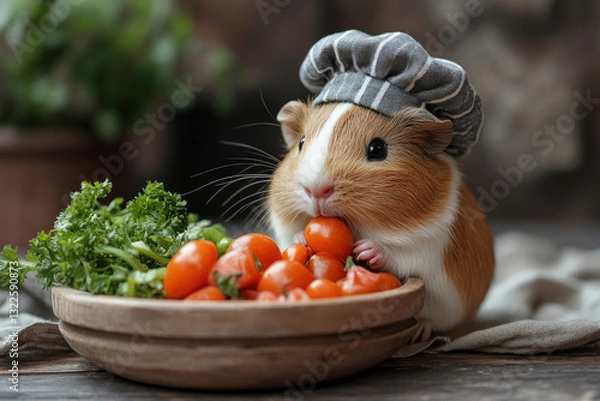 Fototapeta An adorable guinea pig wearing a small striped chef's hat. She holds a small orange tomato in her paws and seems to be tasting it 