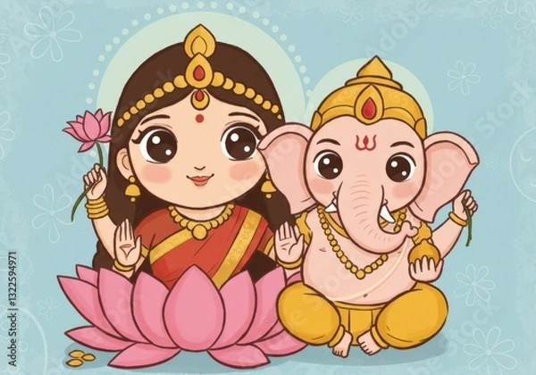 Fototapeta A vibrant Diwali celebration featuring Goddess Lakshmi blessing alongside Lord Ganesha, symbolizing prosperity and wisdom.