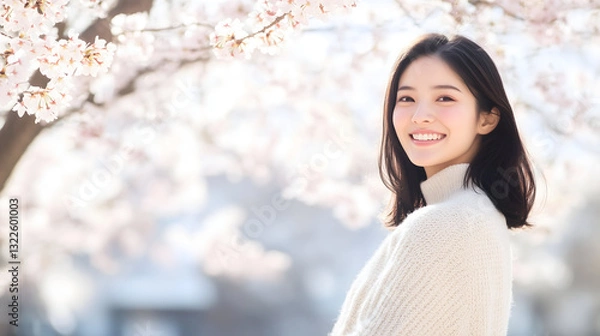 Obraz はる 春 日本人 日本 桜 さくら アーチ 女性 モデル スマイル 微笑み ポートレート 顔 ピンク 空白 コビースペース