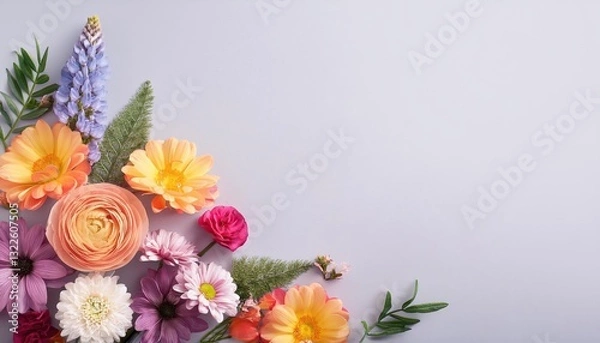 Fototapeta Vibrant Spring Floral Arrangement on Light Pastel Background, Capturing the Essence of Freshness and Joyful Energy Amidst a Colorful Blossom Explosion.