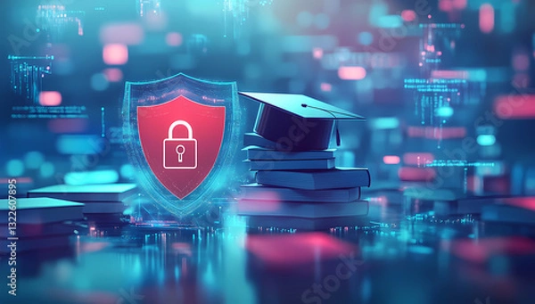 Obraz Digital Education Security: A symbolic representation of education with a digital security shield, graduation cap, and books, all amidst a vibrant digital backdrop.