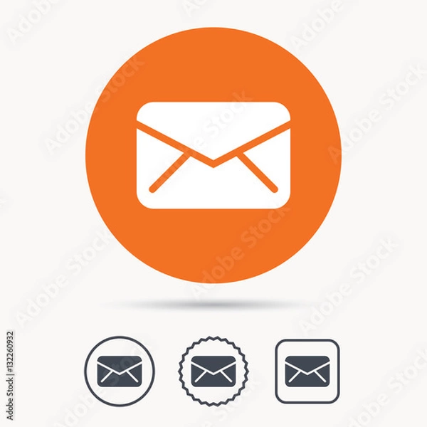 Fototapeta Envelope icon. Send email message sign. Internet mailing symbol. Orange circle button with web icon. Star and square design. Vector