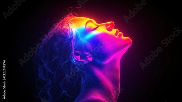 Fototapeta A woman tilts her head back, enveloped in an array of vivid neon colors. The glowing hues accentuate her features, creating a striking contrast against the dark backdrop