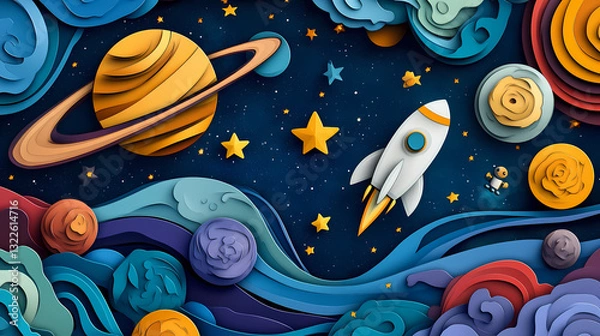 Fototapeta Cosmic Adventure: Embark on an interstellar journey with a vibrant illustration, featuring a whimsical rocket soaring through a mesmerizing galaxy, alongside planets, stars, and celestial wonders.