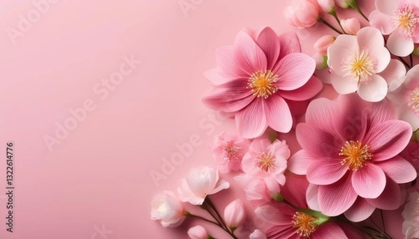 Fototapeta Vibrant Spring Blossoms on a Pink Canvas A Symphony of Color and Grace Amidst Soft Pastels, Perfect for Digital Art, Home Decor, or Design Inspiration.