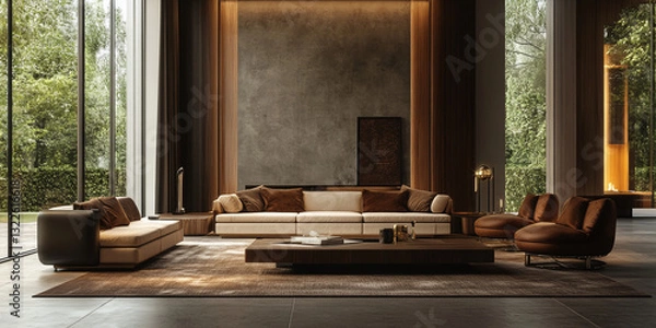Obraz Living room or lounge hall, lobby salon. Dark, elegant, premium interior design with stylish furniture and accent details. Scene room with wood panels, concrete wall and warm backlight. AI