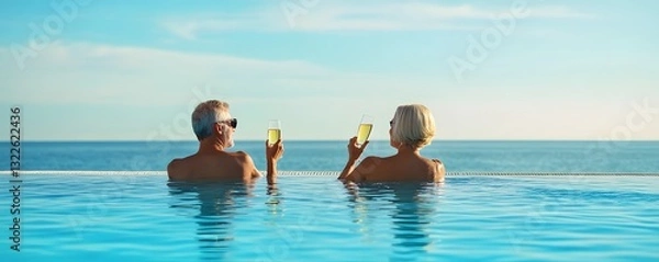 Obraz Mature couple enjoys drinks while relaxing in infinity pool