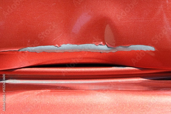 Obraz Close up of a red car with multiple visible scratches and paint damage The scratches expose the underlying metal, creating a contrast against the glossy surface. Perfect for automotive damage concepts