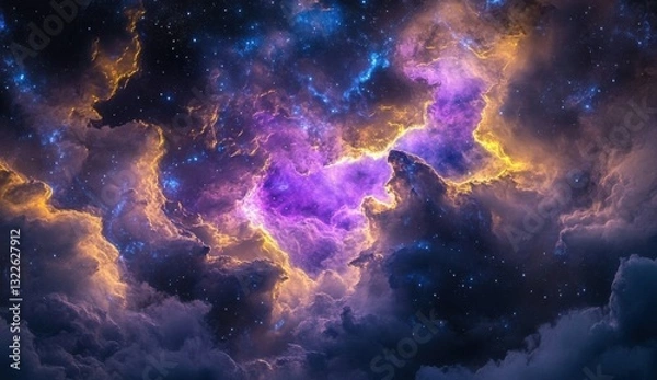 Fototapeta Cosmic clouds of purple, gold, and blue hues swirl among countless stars, creating a breathtaking celestial scene. Darker clouds contrast with