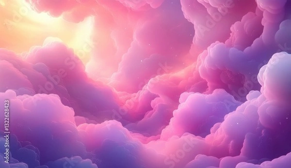 Fototapeta Pink, purple, and orange clouds fill the frame, lit by a warm, golden light source. Sparkling particles are visible throughout the clouds, creating a