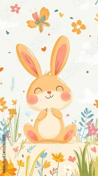 Fototapeta Smiling rabbit sitting in a field surrounded by flowers and a butterfly