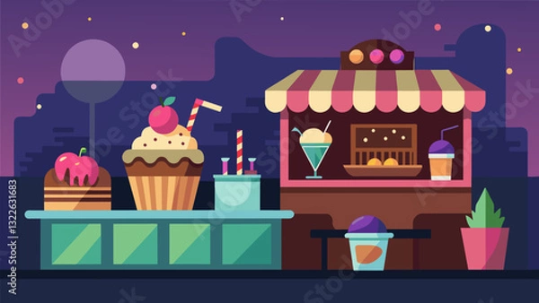 Fototapeta For those with a latenight sweet tooth the snack bar offered a wide selection of decadent desserts from gooey brownies to ice cream sundaes.. Vector illustration