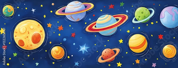 Fototapeta Cosmic Canvas: A vibrant and enchanting illustration of our solar system, teeming with colorful planets, stars, and celestial bodies, invites you on a whimsical journey through space. 