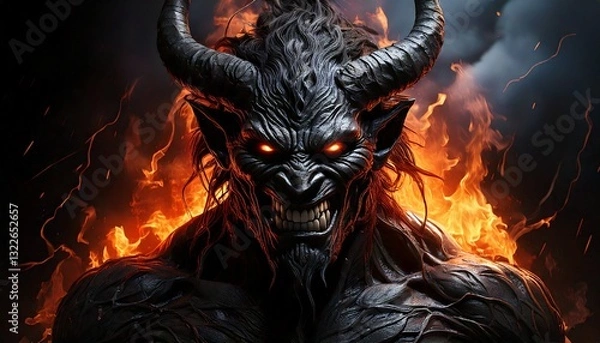 Obraz 炎を背にした黒くて恐ろしい悪魔のイラスト
