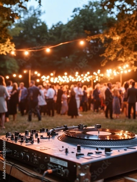 Fototapeta Close-up of a turntable at a vibrant evening party  - ai