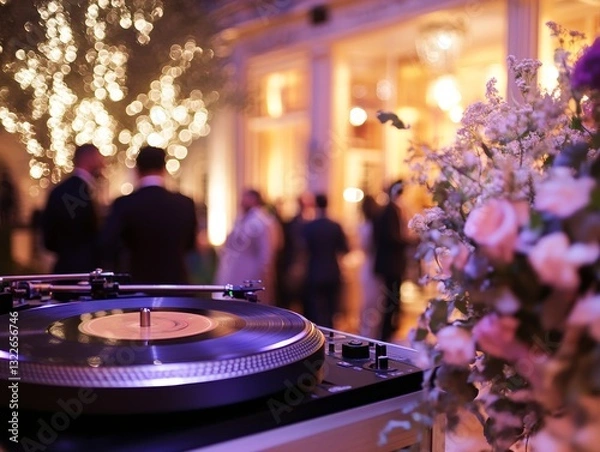 Fototapeta Close-up of a turntable at a vibrant evening party  - ai