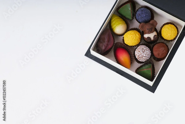 Obraz Luxury assorted chocolates and truffles in an elegant black gift box with copy space on white background  
