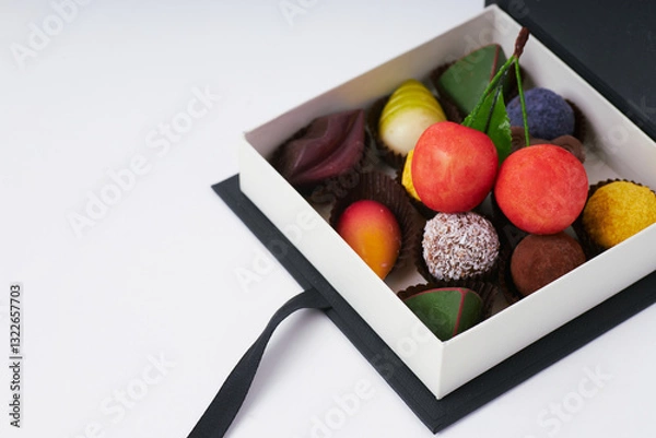 Obraz Luxury assorted chocolates and truffles in an elegant black gift box with copy space on white background  
