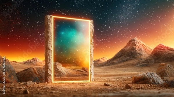 Fototapeta The abstract portal stone gate stands tall against the cosmic landscape, with neon glowing lights piercing through the darkness