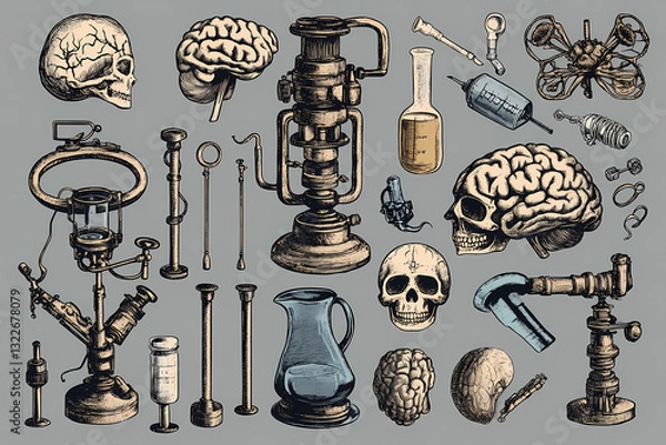 Fototapeta Vintage Medical Instruments: A detailed illustration showcasing an array of antique medical tools and anatomical diagrams, evoking a sense of historical medicine and scientific exploration.