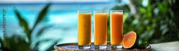Fototapeta Exotic fruit smoothies in tall glasses, vibrant colors and tropical aesthetics, placed on a bamboo tray with a blurred island backdrop