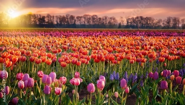 Fototapeta Blossoming Tulips Illuminate a Spring Field Garden Vibrant Blooms and Natures Rebirth in a Beautiful Tableau, Perfect for Digital Art, Home Decor, or Design Inspiration