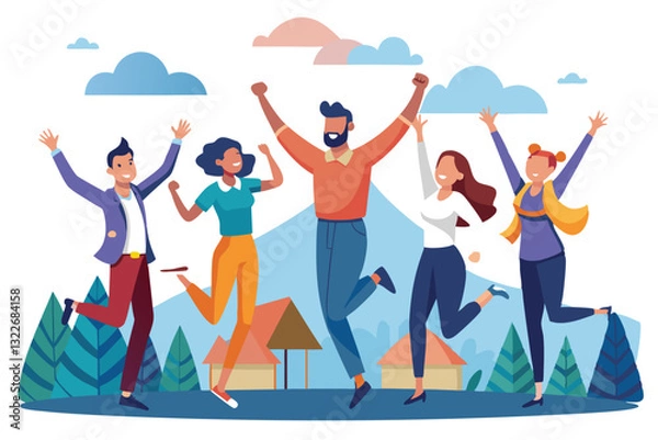 Obraz Happy people group portrait. Friends waving hands, embracing each other vector illustration