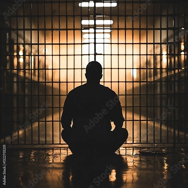 Fototapeta A solitary prisoner sits facing jail cell bars in contemplation