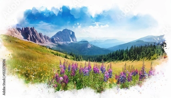 Fototapeta Vibrant Watercolor Summer Landscape with Wildflowers and Majestic Mountains A Digital Masterpiece Capturing the Essence of Serene Alpine Beauty.