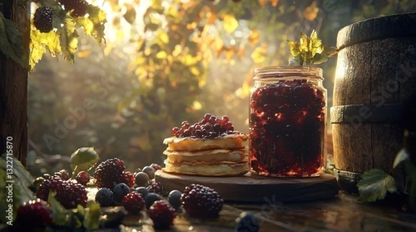 Fototapeta Delicious Pancakes with Berry Jam in a Rustic Setting Food Photography Natural Light