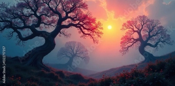 Fototapeta Twisted branches reach from chilling fog, sun barely visible, branches, picture