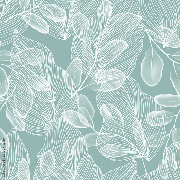 Obraz Floral seamless pattern features eucalyptus leaves and line leaves in white on a solid teal background, creating a light and airy design
