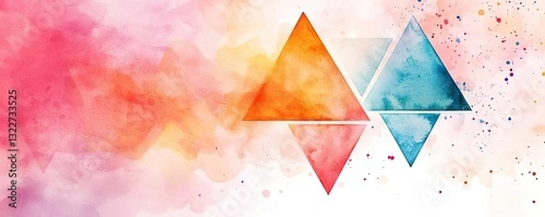 Fototapeta Digital watercolor painting abstract background idea. Vibrant watercolor triangles blend with colorful abstract patterns.