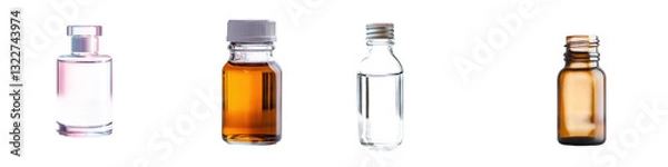 Obraz Assortment of elegant transparent glass perfume bottles filled with various luxury cosmetic products including fragrances lotions and bath oils  The bottles are arranged in a modern