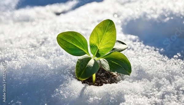 Fototapeta Vibrant Green Sprout Breaks Free Winters End, Springs Beginning Announced on Snowy Ground, Capturing the Hope and Renewal of a Frozen Landscape at3,