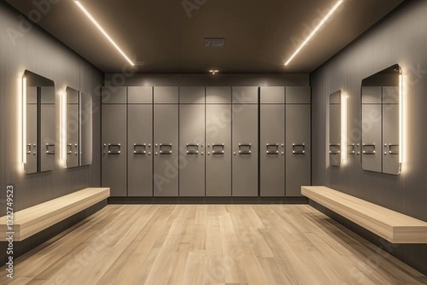 Fototapeta Modern locker room interior design featuring sleek cabinetry and stylish lighting in a minimalist space