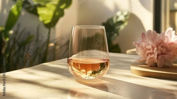 Fototapeta Elegant stemless wine glass with rose wine bright indoor setting decorative elements modern aesthetic
