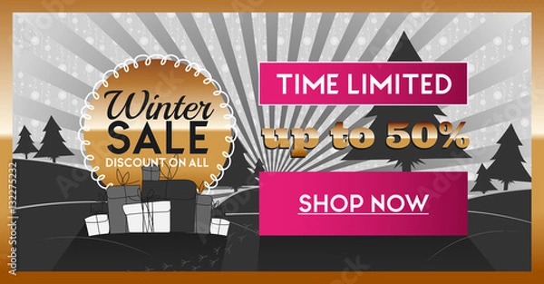 Fototapeta Winter sale social network banner pink, gold and black with snow background, snowflakes, tree and discount.