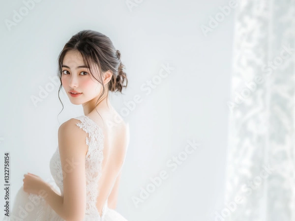 Obraz 背中が美しいウエディングドレスを着た若い花嫁が振り返る