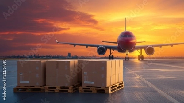 Fototapeta Large cargo pallets are positioned on the tarmac as an aircraft gets ready for takeoff against a vibrant sunset background