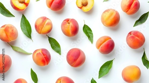 Obraz ripe peaches with leaves isolated on white