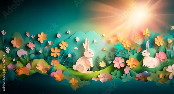 Obraz Delightful paper cut scene with bunnies amongst colorful flowers and green hills under a bright sun. A cheerful and vibrant spring meadow illustration.