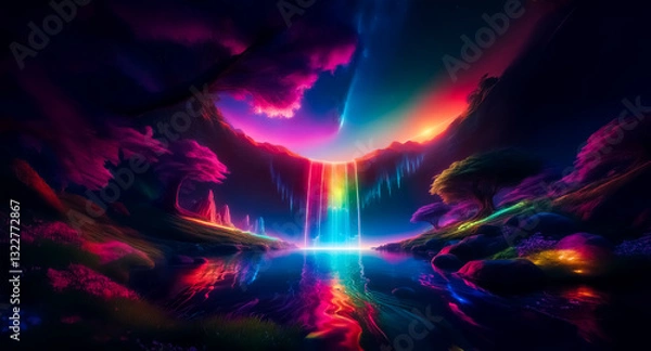 Fototapeta A surreal landscape features a vibrant rainbow waterfall flowing into a dark pool.  Neon colors illuminate the mountains and trees in this dreamlike and magical scene.