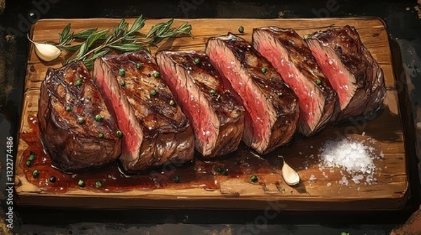 Fototapeta Sizzling steaks, sliced and seasoned to perfection, served on a rustic wooden board. A culinary masterpiece.